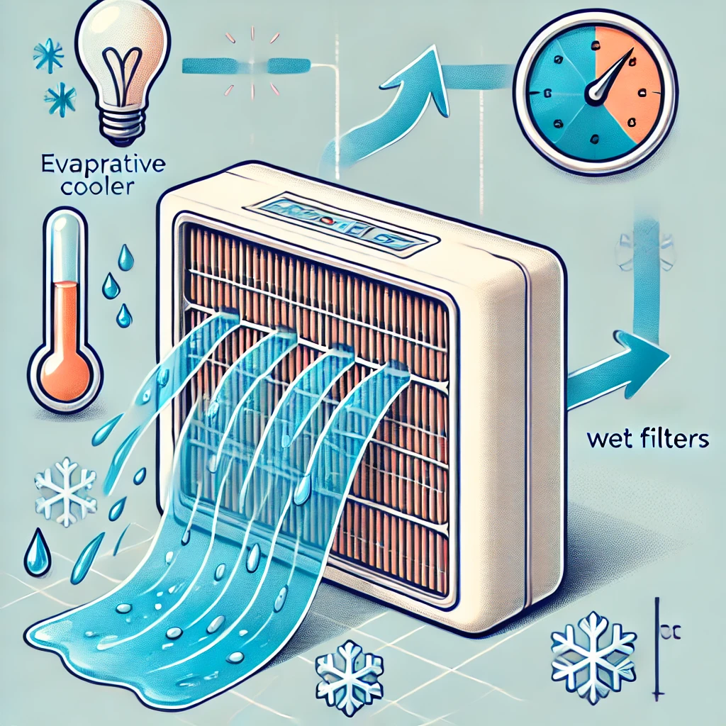 Une illustration montrant un refroidisseur d'air évaporatif avec des filtres humides.
